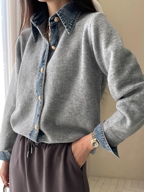Sweaters - Soft Light Grey Sweater with Denim Shirt Detail Size M NWOT